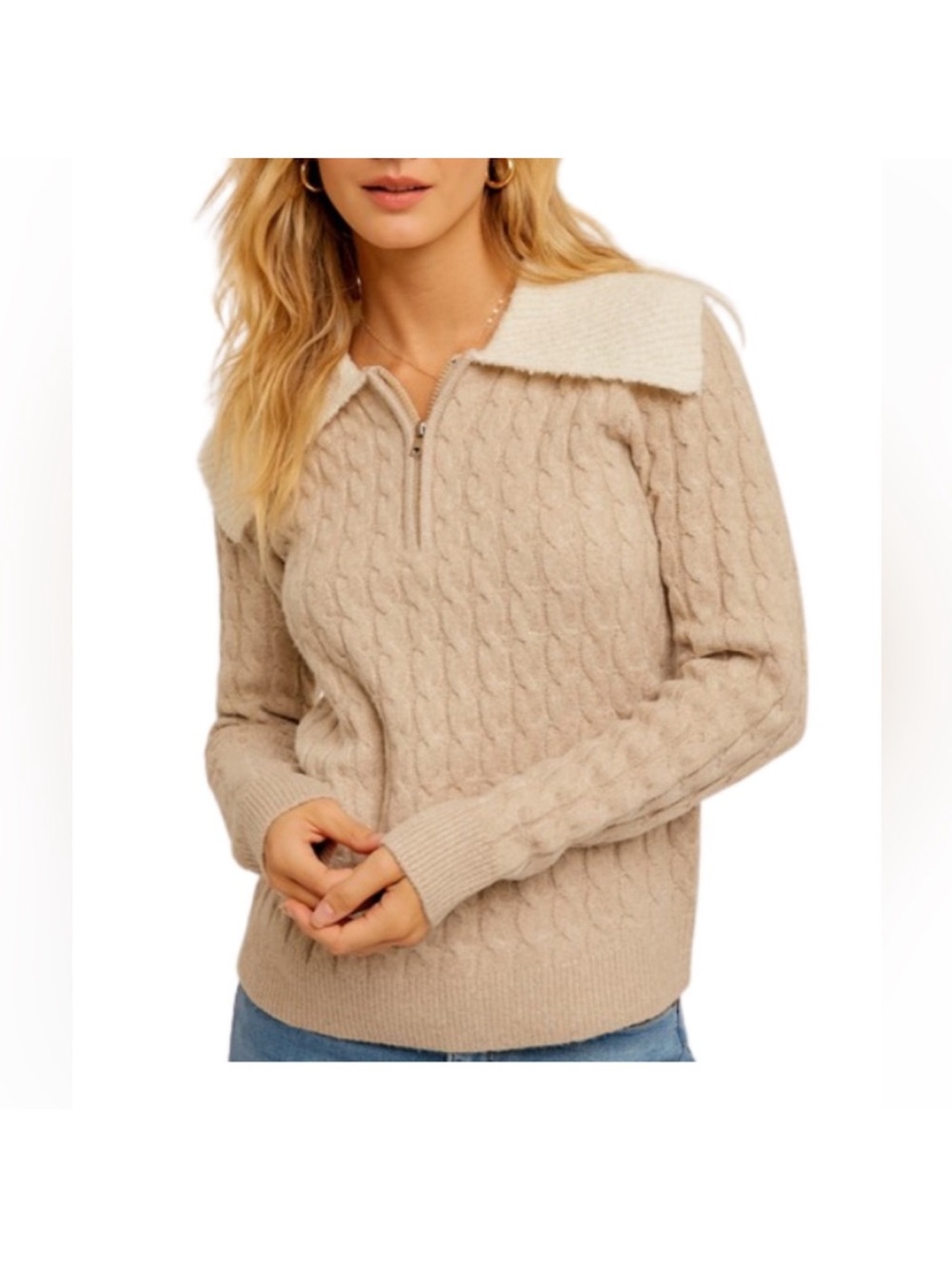 Hem & Thread Beige Cable Knit Quarter Zip Collared Sweater Size Medium EUC